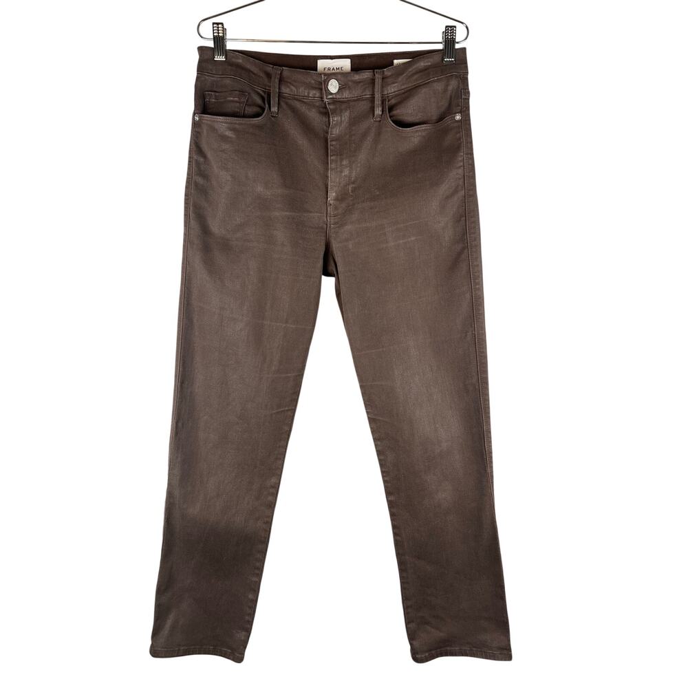 FRAME Le Sylvie Slender Straight Jeans 32 Brown High Rise Premium Denim Stretch